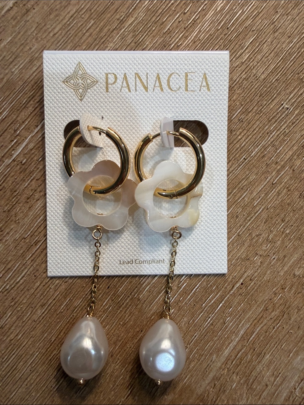 Panacea Cache Gold Hoop Earrings with Cream Flower and Pearl Drop Dangles